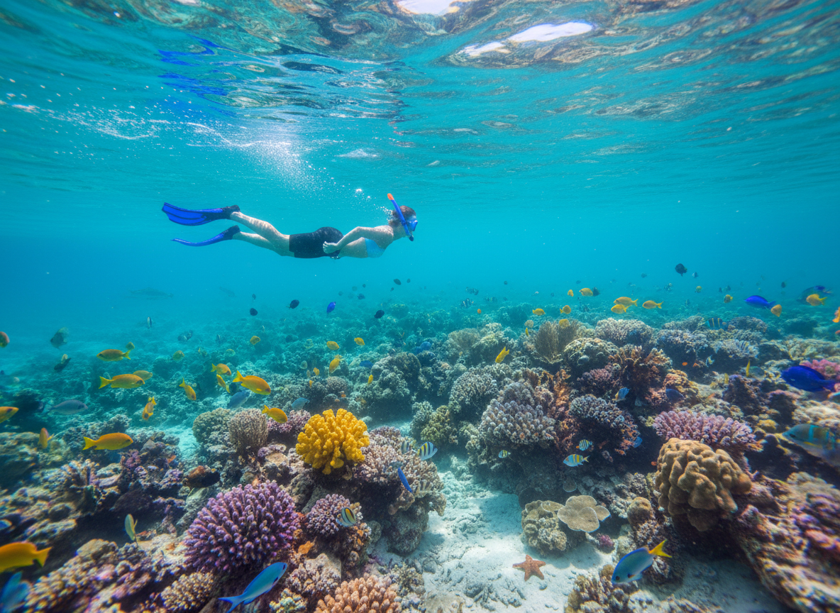 A single person snorkeling underwater in clear turquoise Caribbean waters, sunlight rays filtering through the surface, surrounded by colorful tropical fish and vibrant coral reef below