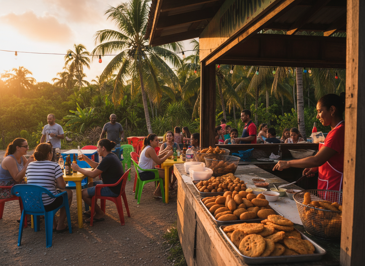 A lively Puerto Rican chinchorro food stand at golden hour with locals gathered, colorful chairs, and fried food