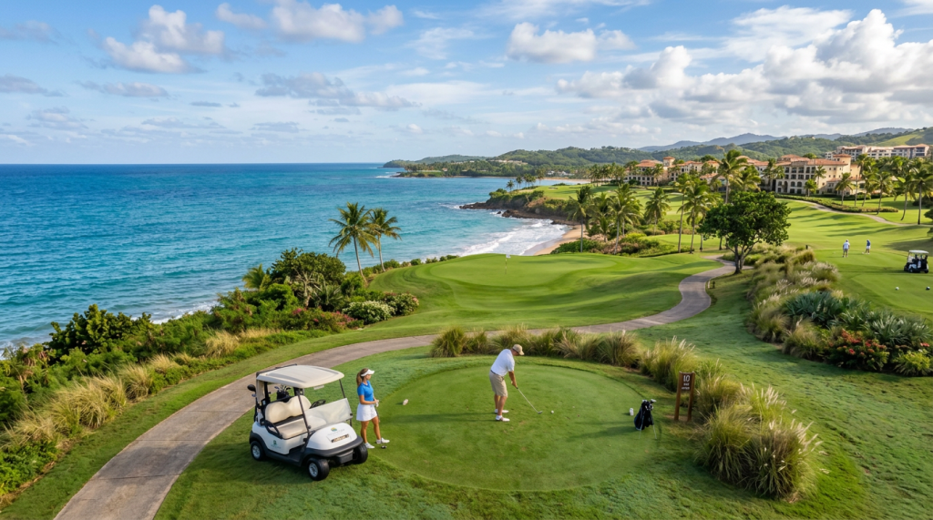 Two golfers at a coastal tee beside a golf cart and turquoise ocean