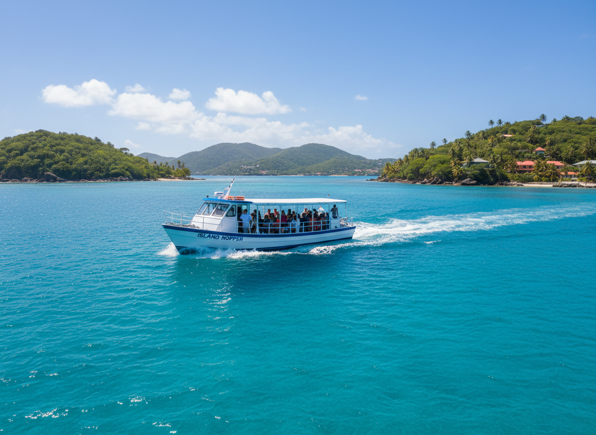 A small passenger ferry traveling across the turquoise Caribbean Sea near Puerto Rico